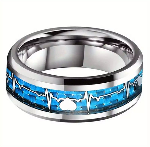 Men's 8mm Tungsten Blue Heartbeat Pattern Carbon Fiber Comfort-Fit Wedding Band